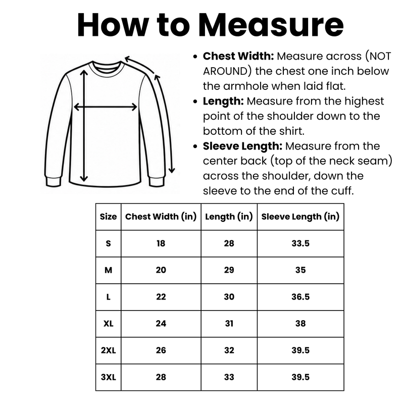 Adult Long Sleeve Size Chart